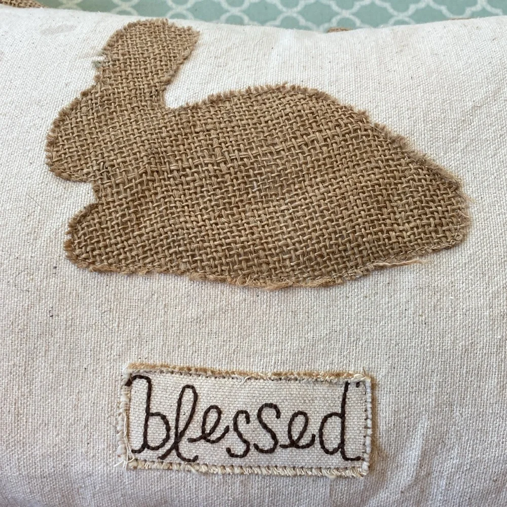 Glory Haus Rabbit Blessed Burlap Pleated Ruffle Trim Pillow
